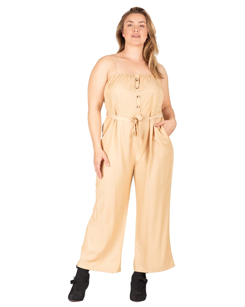 Front of a model wearing a size L Vilma Tie Waist Wide Leg Jumpsuit in Khaki by Standards & Practices. | dia_product_style_image_id:275838